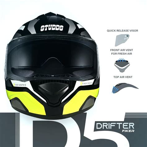 STUDDS DRIFTER D5 BLACK NEON FULL FACE HELMET – Zepto Parts