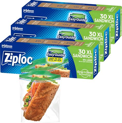 Brandclub - Ziploc XL Sandwich and Snack Bags with EasyGuide Texture, Plastic Storage Bags with ...