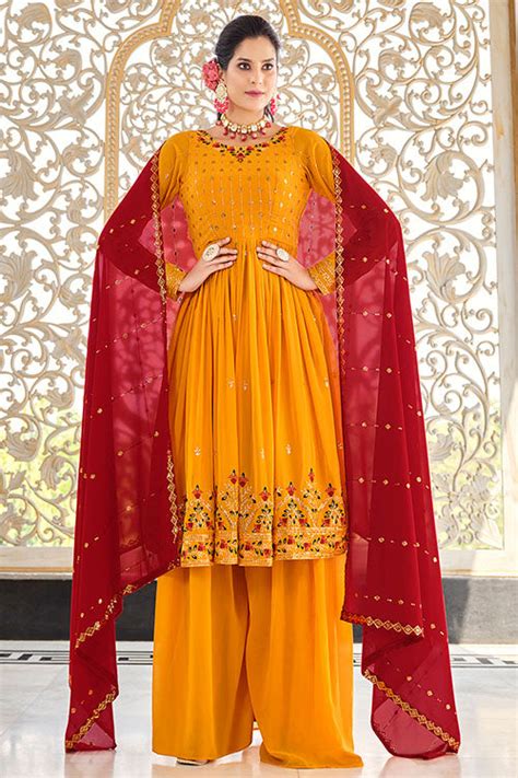 Mustard Yellow Georgette Thread And Sequins Embroidered Kurta Palazzo ...