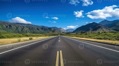 Illustration image of landscape with country road, empty asphalt road on blue cloudy sky ...