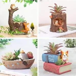Vikarafty Resin Pot Pack of 4 Owl Tree Puppy with Book Boat Tree Shape ...
