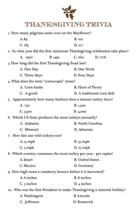Thanksgiving Trivia Printable With Answers