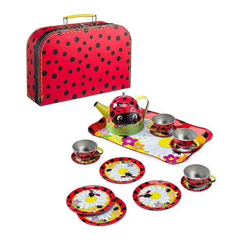 HearthSong 15-Piece Ladybug-Themed Tin Tea Set for Kids with Carrying ...