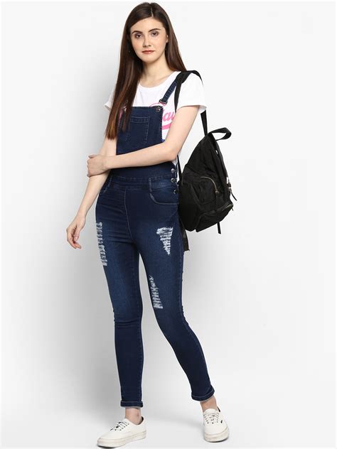 Women's Stretchable Denim Washed effect Capri Style Dungarees(inner no ...