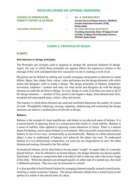 Principles of Design Script - SWAYAM COURSE ON APPAREL DESIGNING COURSE ...