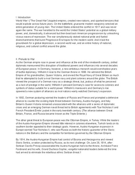 World War I: Causes, Impacts, and Transformations (HIST 101) - I. Introduction World War I (“The ...