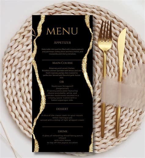 Printable Birthday Party Menu Template, Black Gold Printable Agate Menu ...