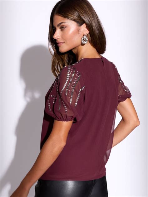 Buy Lipsy Burgundy Sequin Puff Sleeve T-Shirt from Next India
