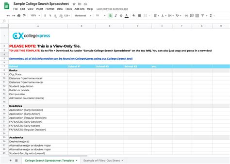 College Application Spreadsheet Template