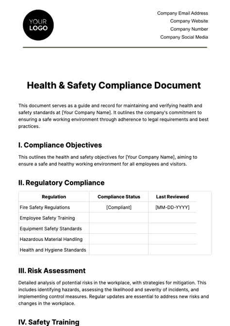 Free Health & Safety Compliance Document Template to Edit Online