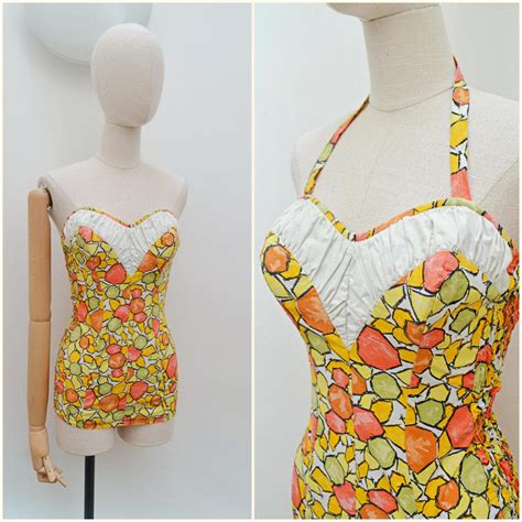 1950s Printed Bright Cotton Swimsuit, 50s Halterneck Strapless Swimming ...
