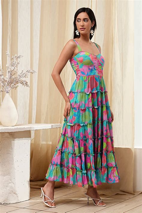 Buy Turquoise Cotton Floral Printed Tiered Dress Online at Biba India