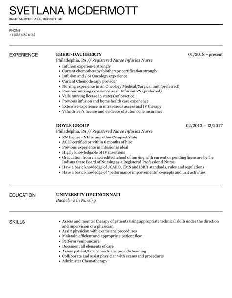 Registered Nurse Infusion Nurse Resume Samples | Velvet Jobs