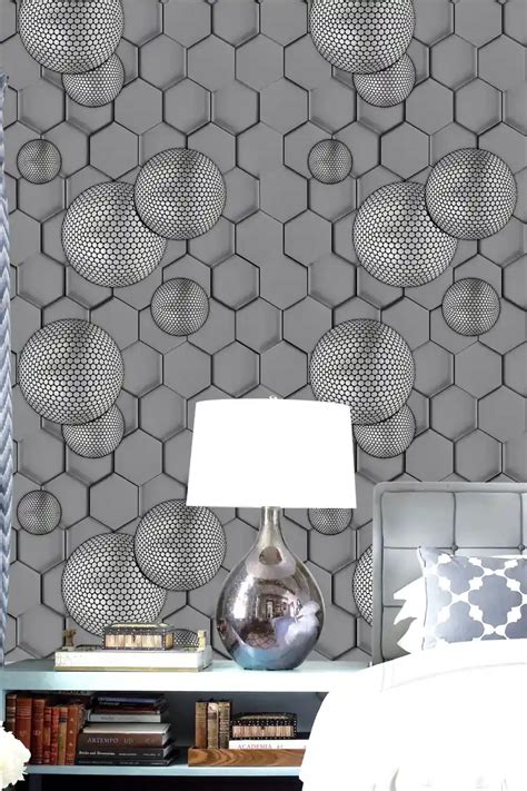3D Grey Geometric Hexagon Wallpaper with Textured Sphere | Piwall
