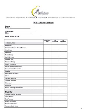 PT/PTA Skills Checklist Doc Template | pdfFiller