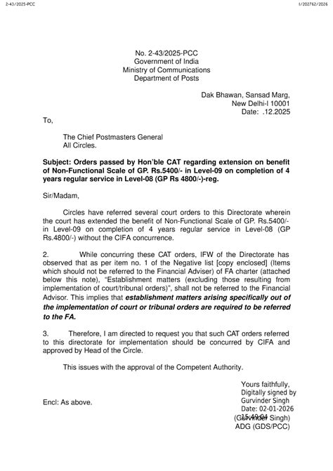 Non-Functional Scale Benefits to Level-09 for Postal Employees – CAT ...