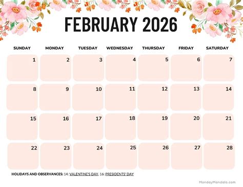 February 2026 Calendar With Holidays Printable