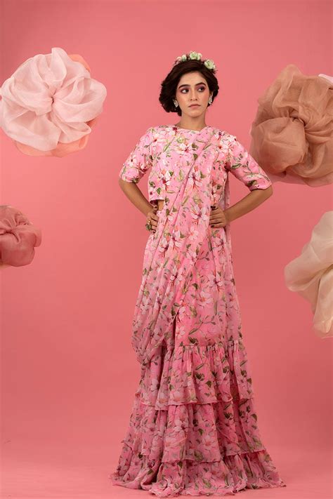 Baby Pink Floral Printed Embellished Chiffon Lehenga – Chinaya Banaras
