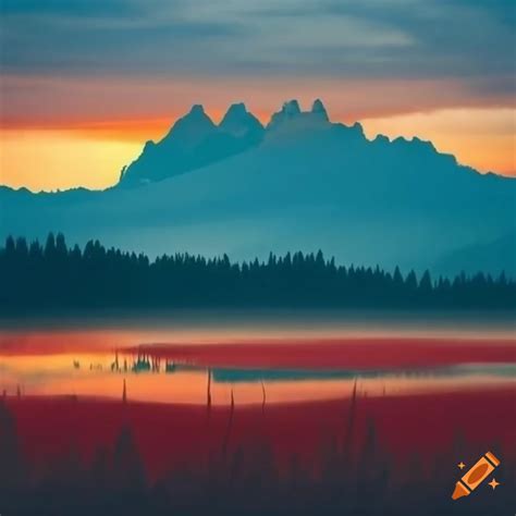 Sunset over misty mountains and red lake