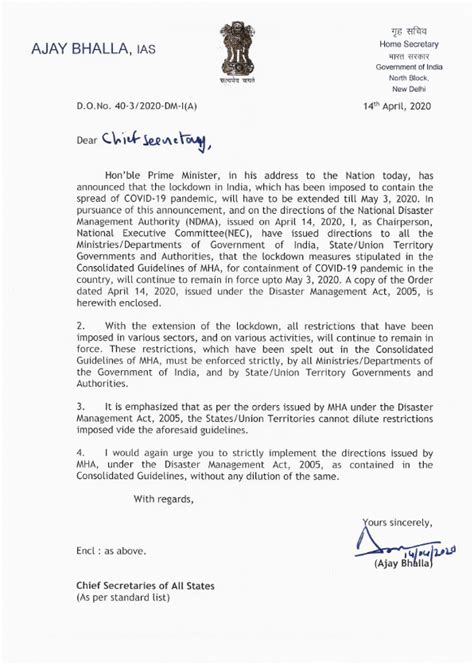 DO Letter to Chief Secretaries for strict implementation of Lockdown ...