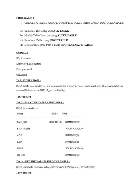 Lab Programs: DDL and TCL Operations in SQL (CS101) - Studocu