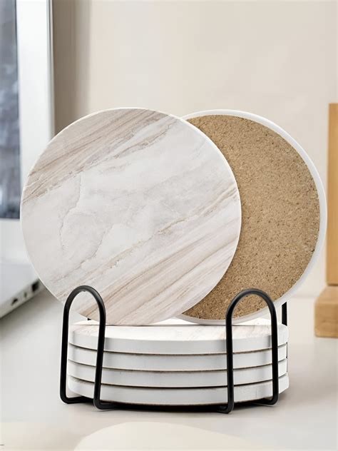 Buy | White & Beige 6 Pieces Ceramic Round Coasters | Tied Ribbons