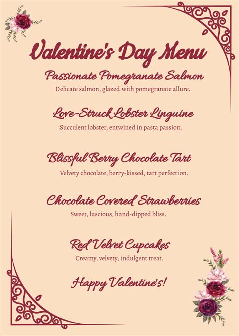 Valentines Day Dinner Wording Samples Valentine's Day Menu Template V2