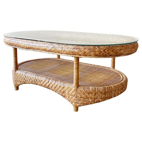 Boho Chic Henry Link Wicker Glass Top Coffee Table For Sale at 1stDibs