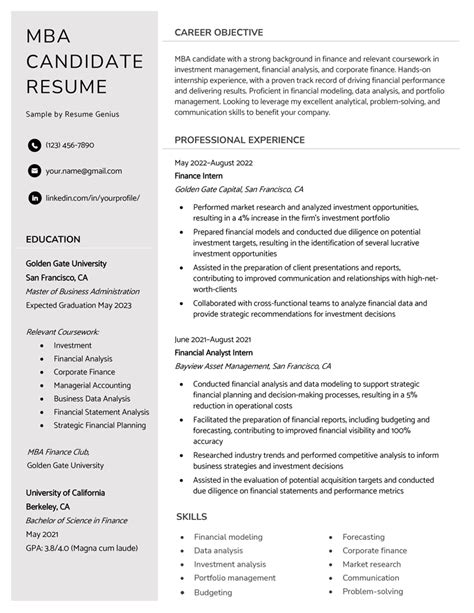 MBA Application Resume Format 的图像结果