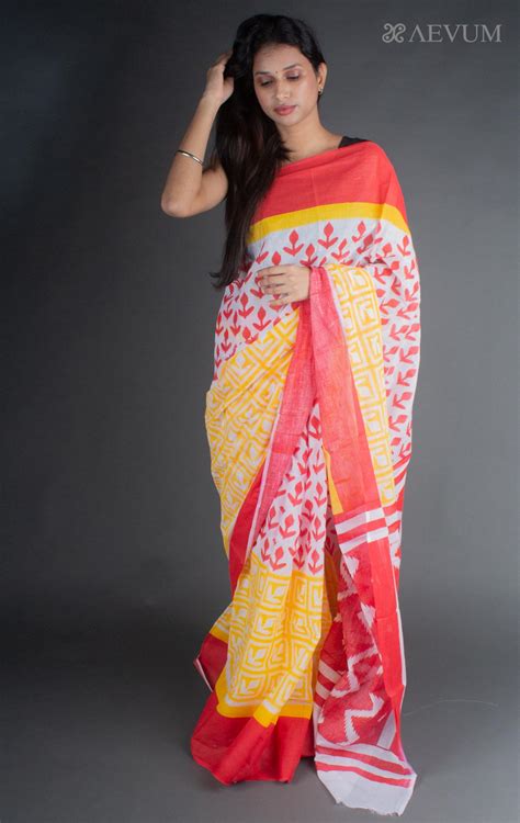 Cotton Block Printed Saree without Blouse Piece - 7732 – AEVUM