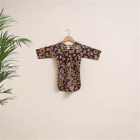 Maroon Girls Kalamkari Print Pure Cotton Kurta Set