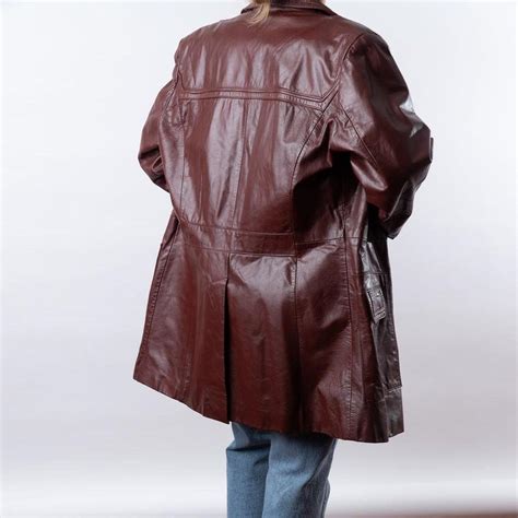 Stunning burgundy leather coat with long sleeves,... - Depop