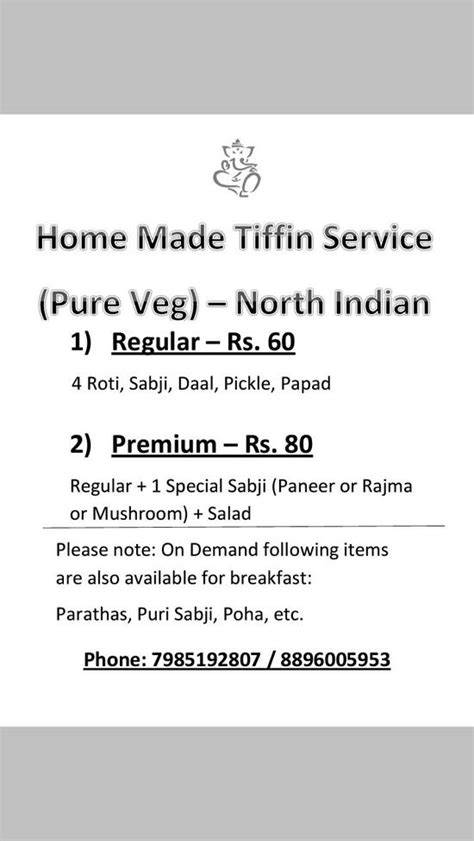 Menu at Curryshma Tiffin Services, Bengaluru