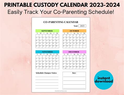 Printable Custody Calendar 2023-2024, Co Parenting Calendar With Year ...