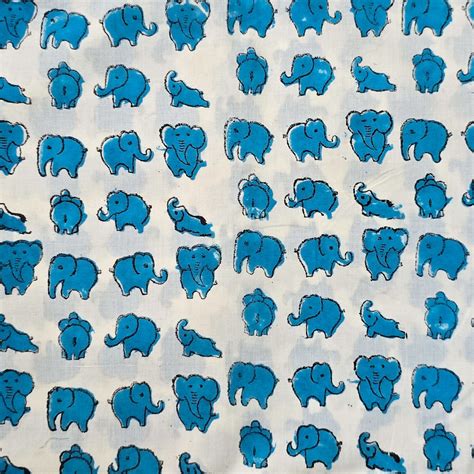 Pure Cotton Jaipuri White With Blue Elephant Hand Block Print Fabric ...