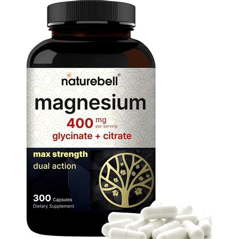 Naturebell. Complejo de Magnesio 400 mg - Citrato + Glicinato - 300 Cápsulas - Vitaminas y Mas