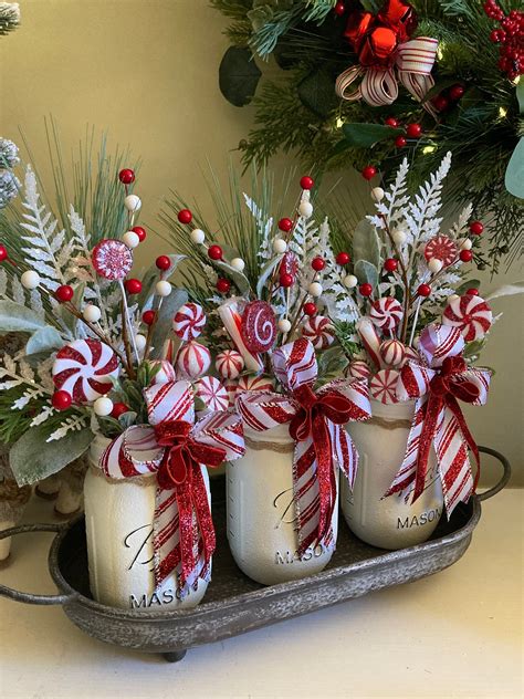 Christmas Mason Jar Centerpiece With Bows, Holiday Centerpiece - Etsy ...