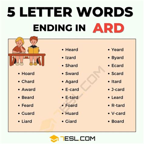5 Letter Words Ending in ARD (27 Words in English) • 7ESL