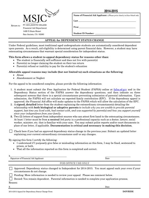 Fillable Online msjc 2014-2015 Appeal for Dependency Status Change Fax ...