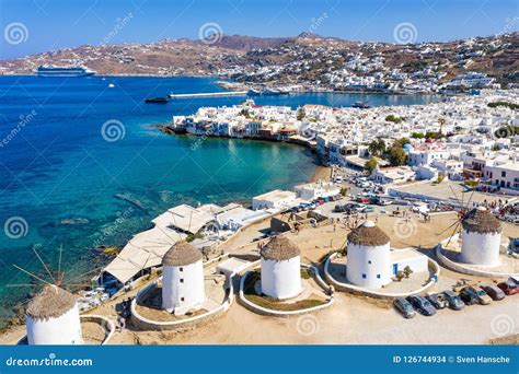 Aerial View of the Windmills Above Mykonos Town, Greece Editorial Stock ...