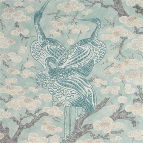 Brevard Teal Fabric with Graceful Cranes & Garden Florals for ...