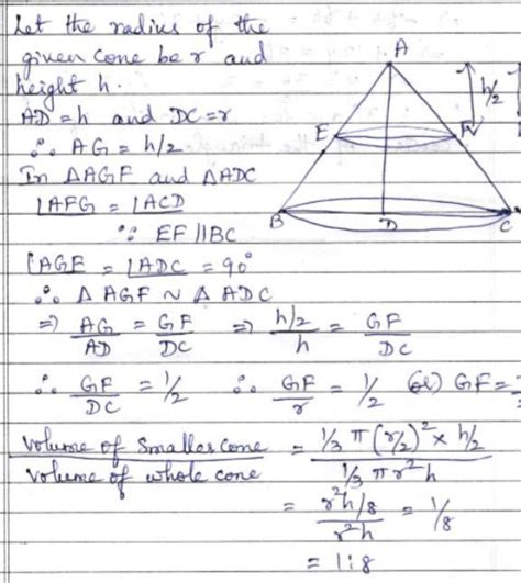 A solid right circular cone is cut into two parts at the middle of its ...