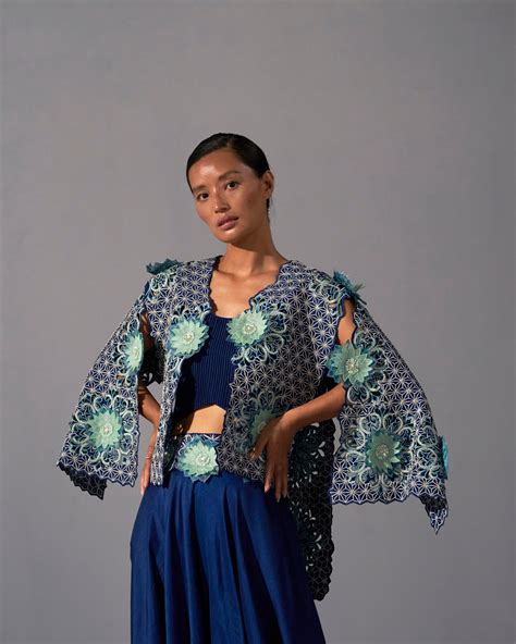 Midnight Blue Jacket with crop top and flared palazzo