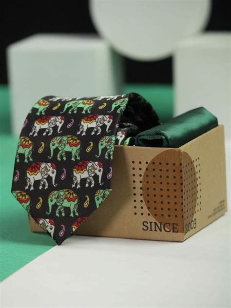 Printed Black Elephant Tie & Hanky Set