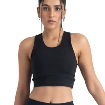Buy HUNNIT Sports Bra Crop Top for Women, Midnight Black | 2 in 1 Round ...