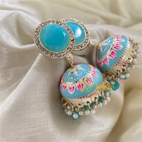 Light Blue Meenakari Jhumkas-Hand painted-G8136 – vrikshamindia