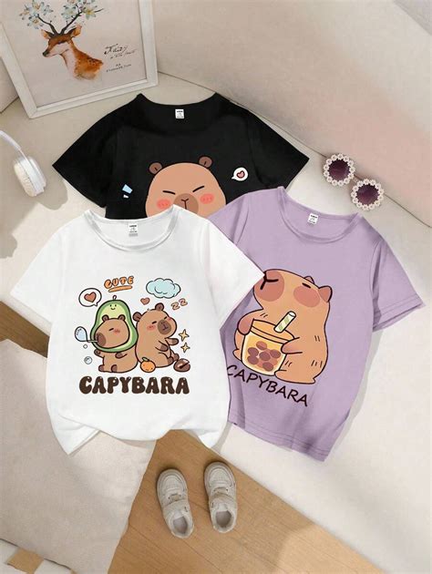 SHEIN GraphicGems Tween Girls Round Neck Short Sleeve Capybara Graphic ...