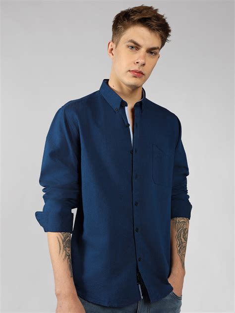 Men's Navy Solid Button Down Collar Full Sleeve Regular Fit Shirt ...