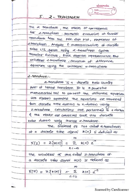 SS Z-Transform 1 - classmate Date Page 5. 2 TRANSFORM The z transform ...