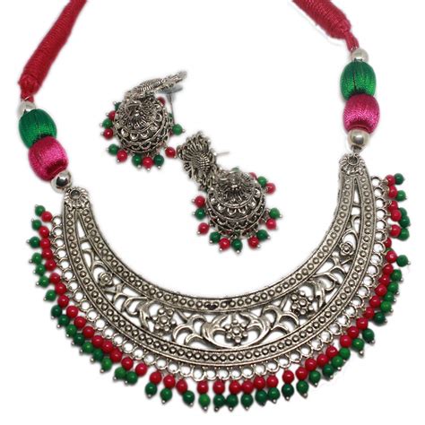 Buy Handmade Silver Oxidised Multicolor Beads Necklace Set at Amazon.in